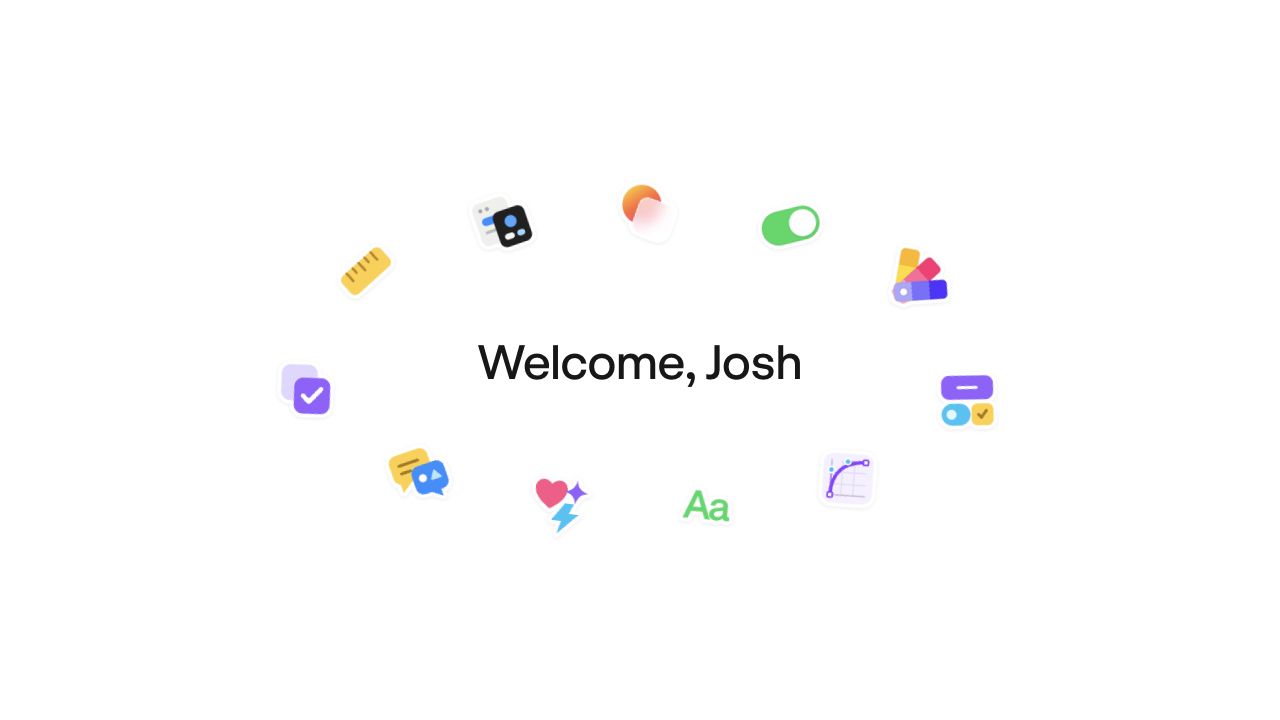 Welcome, Josh surrounded by colorful icons for themes, colors, typography, spacing, components, and motion.